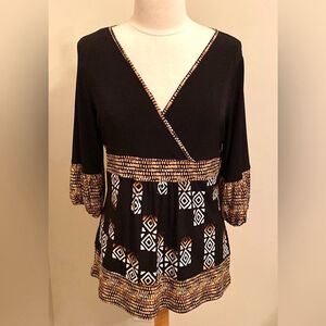 Liz & Co Black Tan White Tribal Print Faux Wrap Long Sleeve Casual Top Size L